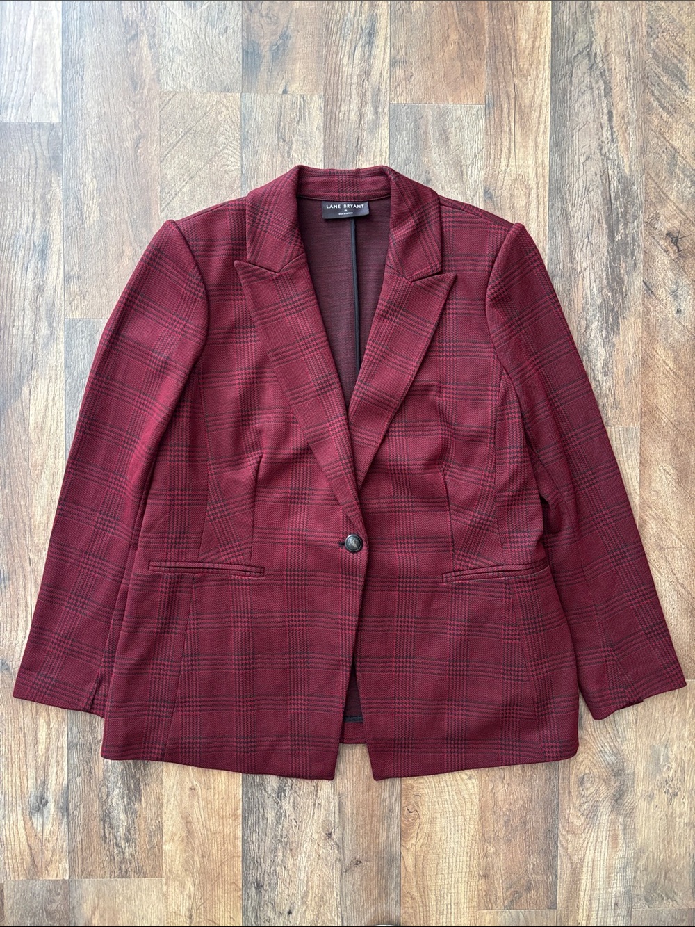 Lane Bryant Burgundy and Black Houndstooth Single Button blazer size 16